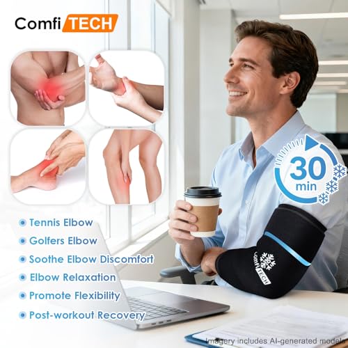 ComfiTECH Dual-Gel Elbow Ice Pack Wrap for 30-Minute Cooling & Injuries, Reusable Gel Forearm Brace for Tendonitis, Cold Compression Sleeve for Pitchers, Tennis Elbow & Golfer Arm Relief, L, 2 Packs - size: Large