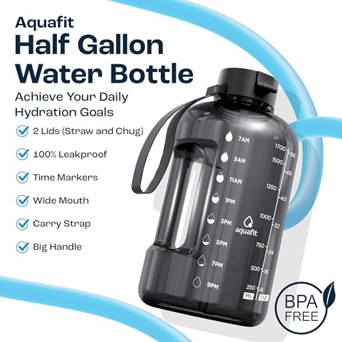AQUAFIT Half Gallon Water Bottle with Time Marker | BPA Free Half Gallon Water Bottle with Straw and Chug Lids - Leakproof Gym Water Bottle with Carry Handle (Blue) - color: Blue, size: 64 Ounces
