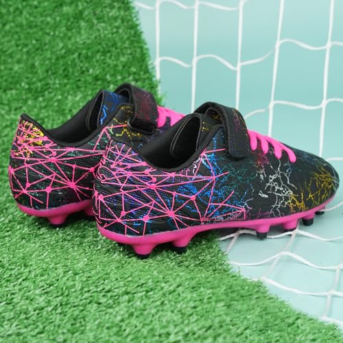 brooman Kids Firm Ground Soccer Cleats Girls Football Cleats with Shin Guards and Soccer Socks - color: Black Fuchsia, size: 1 Little Kid