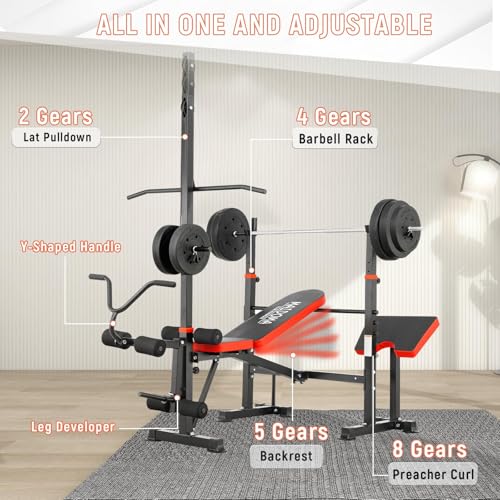 MAIDOMA 1500LBS Foldable 8 IN 1 Weight Bench Set, Adjustable Flat Incline Decline Bench Press with Upgraded Wide Squat Rack and Leg Extension for Full Body Home Gym Workout (US Stock) - color: ruby red
