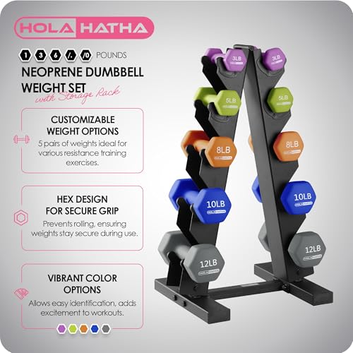 HolaHatha 1, 2 and 3 lb Neoprene Dumbbell Strength Training Weight Set with Rack - color: Multicolor, size: 76 LB