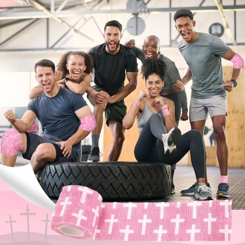 Geiserailie 12 Pack Christian Athletic Tapes 2 Inch x 5 Yards Self Adhesive Bandages Sports Wraps Breathable Elastic Wrap Non Woven Bandage for Wrist, Ankle, Baseball Football(Pink) - color: Pink