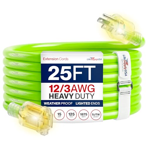 25ft Outdoor/Indoor Extension Cord 12/3 Gauge Extra Heavy Duty 3 Prong SJTW, Waterproof, Flexible Cold-Resistant Long Power Cord, 15A 125V 1875W, Neon Green by LifeSupplyUSA - color: Neon Green, size: 25 FT, style: 12AWG
