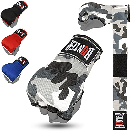 HUNTER Gel Boxing Hand Wraps for Men & Women, Quick Inner Gloves with Wrist Support for MMA, Muay Thai, Kickboxing & Martial Arts Training, Knuckle Protection (Pair) - color: Gray Camo, size: Large-X-Large