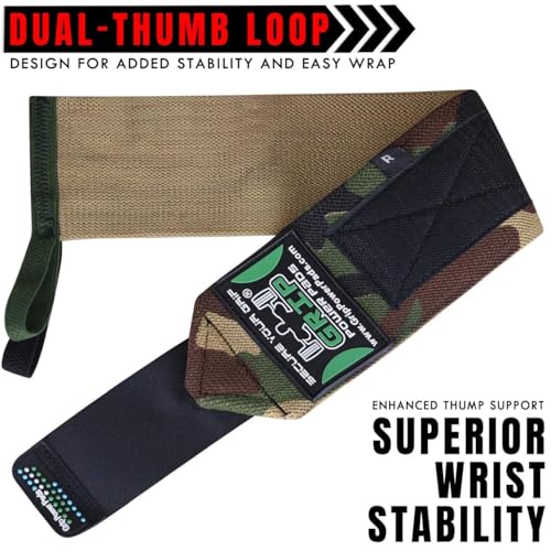 Grip Power Pads Wrist Wraps 2 Wraps for Weight Lifting Wrist Support Cotton Wraps Gym Bandage Straps for Men & Women Premium Quality & PRO Rubber - color: Camouflage, size: 18""