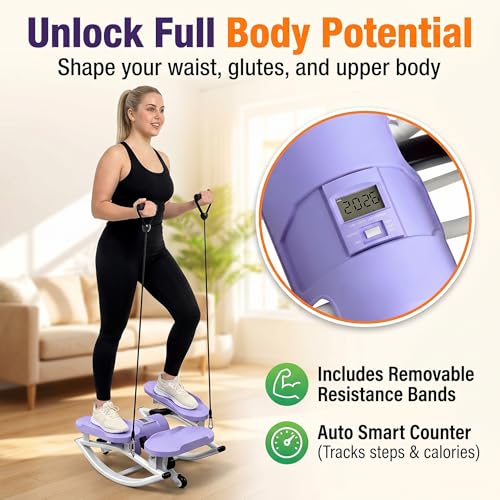 Side-to-Side Low Impact Rocker Stepper with Resistance Bands &Slip Mat – Quiet Home Workout Equipment for Full Body Cardio