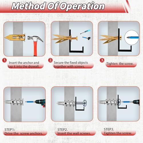 220PCS Self Drilling Drywall Anchors with Screws Kit, Wall Anchors for Drywall, 5-Sizes Metal Expansion Bolt for Dry Wall,110 PCS Sheetrock Anchors and 110 PCS Screws-No Drill Needed