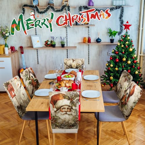 Moukeren 6 Pcs Christmas Chair Cover Set Stretch Dining Chair Back Covers Vintage Christmas Santa Claus Elk Slipcovers Farmhouse Removable Elastic Seat Protector for Xmas Party Kitchen Home Decor - style: Modern