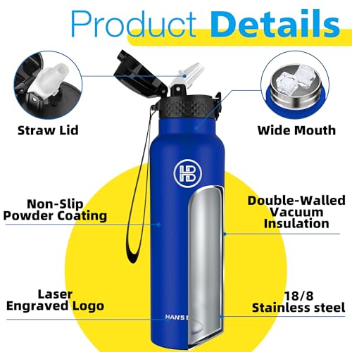 Han's Bottle Sports Water Bottle - 24 Oz, Straw Lid, Leak Proof, Vacuum Insulated Stainless Steel, Double Walled, Thermo Mug,Klein Blue - color: Klein Blue, size: 24 Ounces