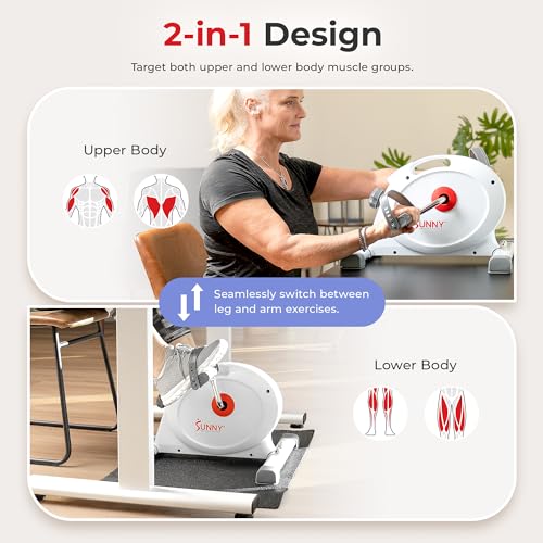 Sunny Health & Fitness Smart Under-Desk Bike Exerciser, Low-Impact Cardio Cycling Equipment for Home/Office, Mini Paddler for Arm/Leg Mobility Training, Free SunnyFit App - color: White