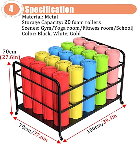 Large Yoga Mat Storage Cart with Wheels, Floor Metal Yoga Mat Holder Basket, Gym Foam Rollers Organizer, for Gym/Yoga Studio Hold 20 Exercise Mats - color: Black