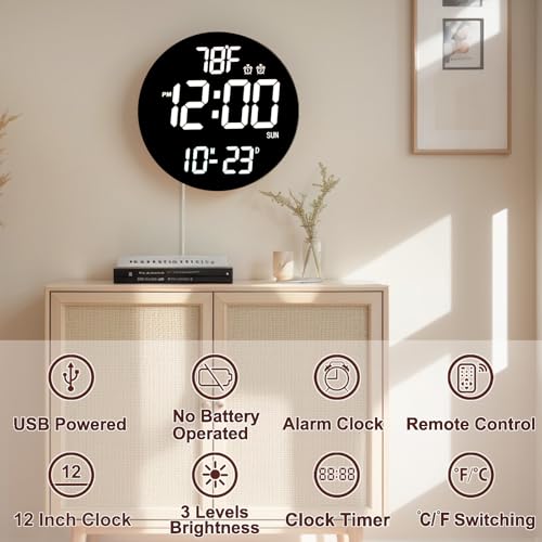QINFIEY Large 12" White Digital Wall Clock with Remote Control | LED Display Plug-in Clock with 3 Brightness Levels & Temperature Display Perfect for Home, Gym, Classroom, Office - color: White, size: 12 Inch