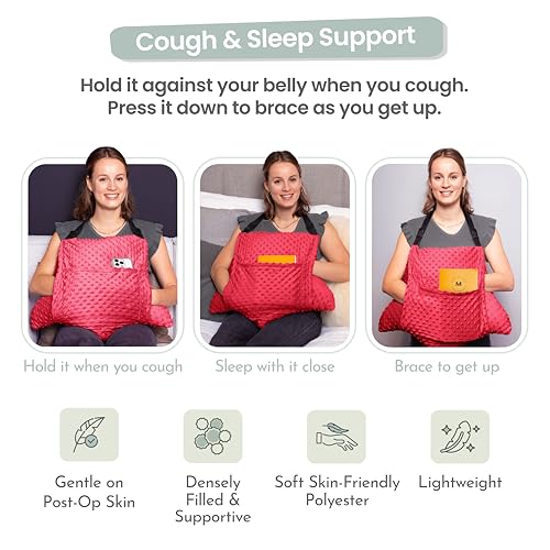 MOYOAMA Hysterectomy Pillow Post Surgery – Form-Fit Support Shield with Secure Straps, 2 Pockets, & Cozy Muff – After Hysterectomy Recovery Must-Haves, Post-Op C-Section Pillow Post Surgery Gifts - color: Bloom Red