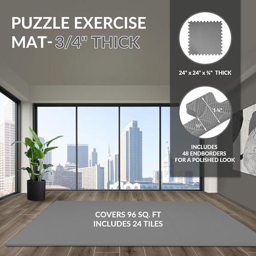 Fitvids Puzzle Exercise Gym Flooring Mat, 3/4" Thick High-Density EVA Interlocking Tiles, Workout Mat for Home Gym, Fitness Equipment, MMA, Gymnastics, 24-Piece Shock-Absorbing Exercise Mat (96 Sq Ft) - color: Graphite, style: 3/4" Thick, 24 Tiles (96 Sq