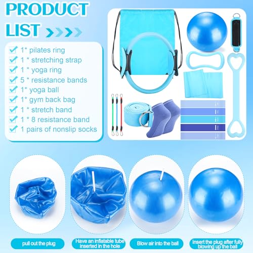 RoundFunny Pilates Ring Circle Set 18 Pcs Exercise Equipment Accessories for Women Workouts Pilates Ball Stretching Strap Magic Circle Yoga Ring Gym Back Bag Resistance Band Anti Slip Socks - color: Blue
