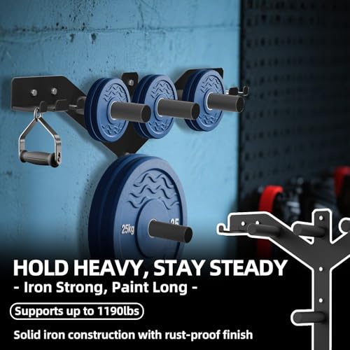 Wall Mounted Weight Plate Rack, 6 Pegs & 4 Barbell Storage Rack, 1190 LBS Capacity Weight Plate Holder, Wall Mounted Bumper Plate Storage for Home Garage Gym, Fit 2" Olympic, Rubber Protection Pads - size: Weight Plate Tree
