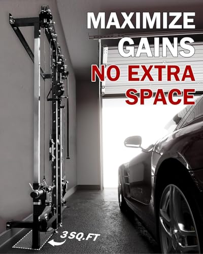 Mikolo Folding Squat Rack, Wall Mounted Power Rack with Cable Crossover Machine & LAT Pull Down, Functional Trainer with 5 Adjustable Function Modes, Home Gym Package - color: Black, size: WR00 Ultra (Alum Pulleys)