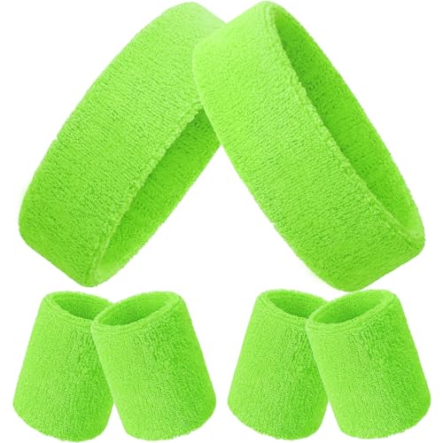 Bememo 6 Pcs Neon Sports Sweatbands Set Sports Competitions Sweatbands 2 Headband 4 Wristbands Breathable Terry Cloth Athletic Bands for Team Soccer Spirit 80s Costumes Cosplay - color: Neon Green