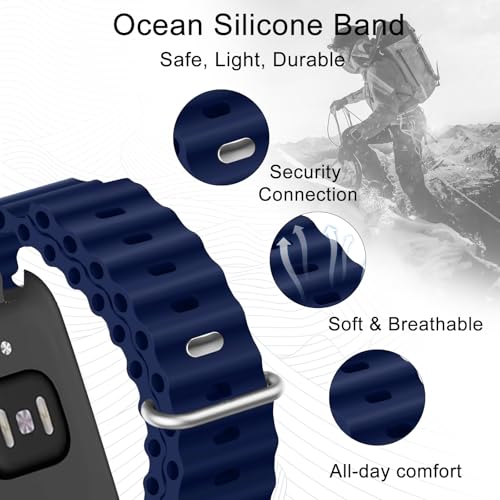 Ocean Silicone Sport Band - Compatible with Apple Watch Ultra 2/Ultra Bands 49mm 45mm 44mm for Men Women, Breathable Soft Waterproof Strap for iWatch Ultra 2, iWatch Ultra Series 10 46mm SE/9/8/7/6/5 - color: Ocean/MidnightBlue/Titanium