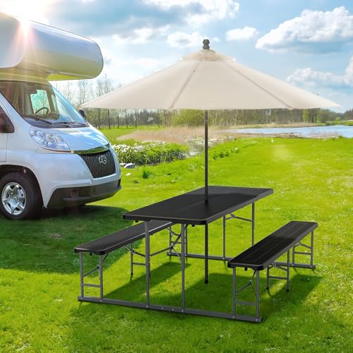 VINGLI Folding Picnic Table and Bench Set, Portable Outdoor Dining Furniture for Camping, Patio, Backyard, Wood Grain Plastic Top with Metal Frame （Black） - color: Black, style: Standard