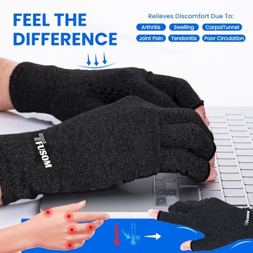 TFUSOM Compression Gloves Arthritis Gloves for Women for Pain,Fingerless Compression Wrap for Hand Pain and Osteoarthritis，Anti-Slip，Unisex,M,Black - color: Black, size: Medium