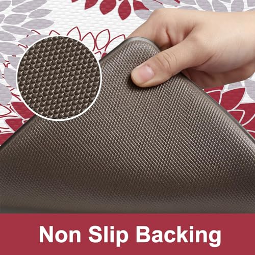 Anti Fatigue Kitchen Mats for Floor 2PCS,17"x47"+17"x29" Farmhouse Dahlia Kitchen Rugs Non Slip Rubber Backing,Waterproof Cushioned Standing Mat for Office,Laundry,Sink,Desk,Red - color: Red, size: 17.3" x 47 "+ 17.3" x 29 "--0.47 inches