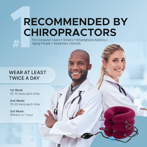 Inflatable Neck Stretcher for Neck Pain Relief, Cervical Traction Device with Hand Pump, 3-Layer Adjustable Neck Decompression Collar for Pinched Nerve, Stiff Neck & Tech Neck Support | Breathable Material - color: Blush Rose Pink