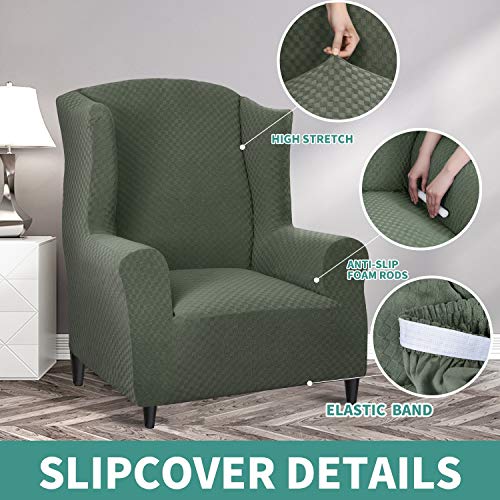 YEMYHOM 1 Piece Stretch Wingback Chair Slipcover Latest Jacquard Design Wing Chair Cover Non Slip Furniture Protector with Foam Rods for Living Room (Wing Chair, Army Green) - color: Army Green, size: 1 Pack - Wing Chair