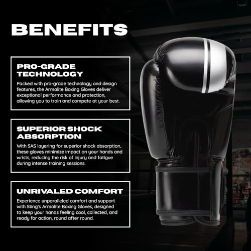 STING Armalite Boxing Gloves, Durable Boxing Equipment for Boxing Training, Balanced Weight Distribution | SLV3 Outer Skin, SAS Layering, Hi Flow Core Padding, Comfortline 3D Liner - color: Black/Silver, size: 16 Oz