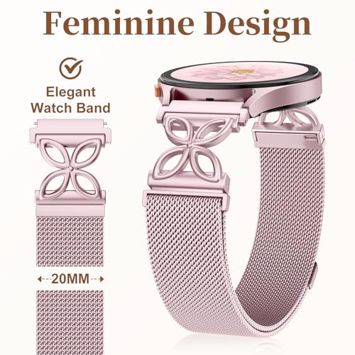 Getino Magnetic Metal Strap Compatible with Galaxy Watch 7 Band, Galaxy Watch 6 Classic Band FE 5 Pro 4 Active 2, 20mm Milanese Floral Dressy Wristband for Samsung Watch Bands Women 40mm 44mm 45mm - color: Rose Pink