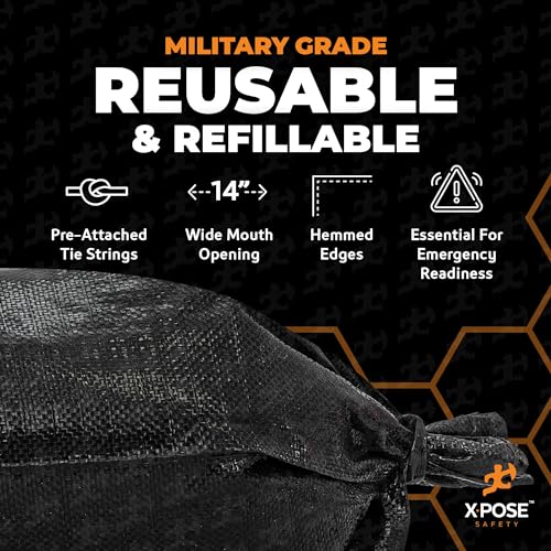 Xpose Safety Heavy Duty Sand Bags with Tie Strings – Empty Woven Polypropylene Sandbags for Hurricane Flood Protection, 100 lb Capacity, 14" x 26", Black, Bulk Full Pallet Pack of 8000 - color: Black, size: 8000 Sandbags (Full Pallet)