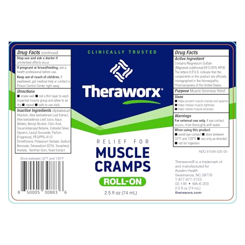 Theraworx Relief for Muscle Cramps Roll-On Fast-Acting Muscle Spasm, Leg Soreness with Magnesium Sulfate - 2.5 oz - 1 Count - size: 2.5 Ounce (Pack of 1)