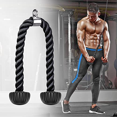 SELEWARE Rotating Straight Bar, Tricep Rope, Double D Row Handle, Rotating V Handle, Cable Machine Attachment with Non-Slip Soft Rubber Grip, Universal Attachment for Cable Machines - color: Black Rubber Tricep Rope - 36inch