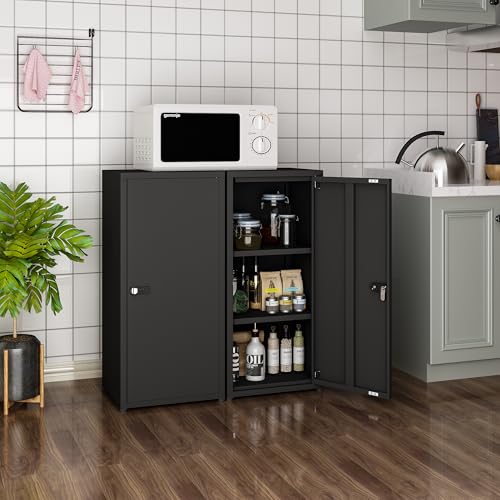 MIOCASA Metal Storage Cabinet with Lock, 3 Adjustable Shelves Single Door Steel Locker for Home, Office & Garage (Black) - color: Black