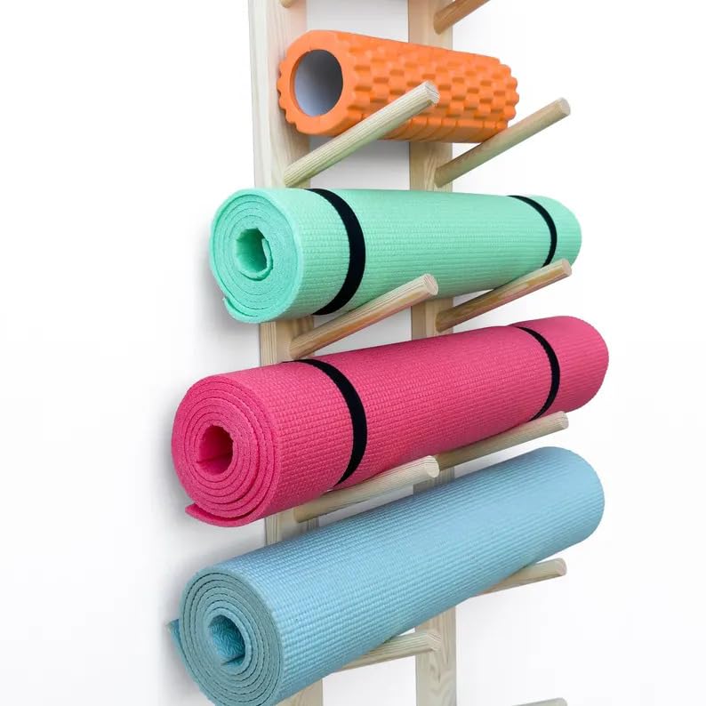 Wooden Yoga Mat Storage Rack, Wall Mounted Yoga Mat Holder Organizer for Home Gym, Yoga Mat Foam Roller Storage Stand for Yoga Studio, Multi-Tier Yoga Mat Wall Rack for Workout Equipment Organization