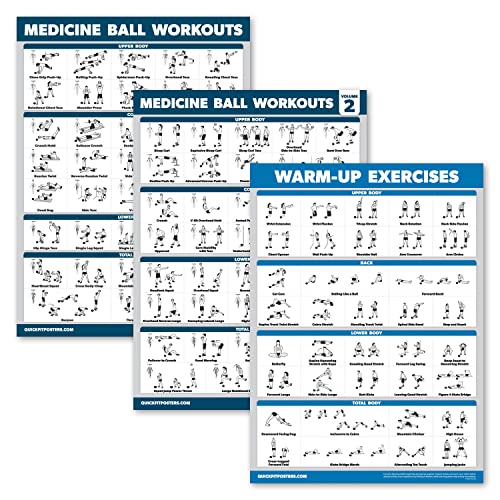 Palace Learning 3 Pack - Medicine Ball Workouts Volume 1 & 2 + Warm Ups Exercise Poster Set - Fitness Charts