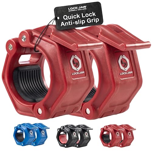 Lock-Jaw OLY 2 Barbell Collars Olympic Barbell Clamps 2 Pcs – Heavy Duty Bar Clamps for 2” & 50mm Olympic Bars – Secure Weight Bar Clamps for Strength Training & Home Gym Accessories – Quick Release - color: Red