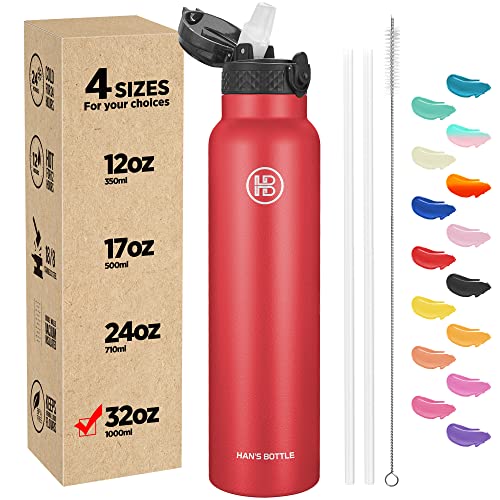 Han's Bottle Sports Water Bottle - 32 Oz, Straw Lid, Leak Proof, Vacuum Insulated Stainless Steel, Double Walled, Thermo Mug,Red - color: Red, size: 32 Ounces