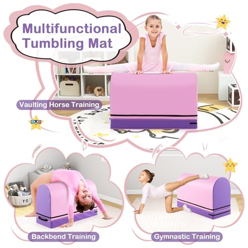 Goplus Mailbox Tumbling Mat, Gymnastics Vaulting Box w/Detachable Mat, Carrying Handle, Premium PU Leather, Portable Jumping Tumbling Aid Trainer for Kids Home Gyms Exercise - color: Purple+Pink