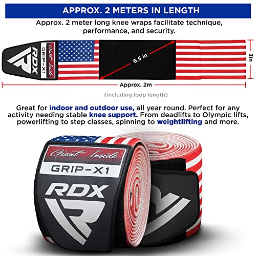 RDX Knee Wraps for Weightlifting, 78” Elasticated Straps Power Lifting Leg Press Support Gym Fitness Squats Workout Men Women - color: USA Flag