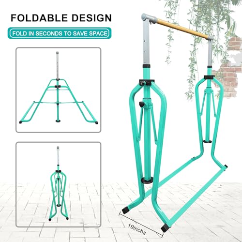 Foldable & Moveable Gymnastics Horizontal Bar with Rings,3’to 5’Adjustable Height Expandable Junior Kip Bar for Home,Indoor Gym Equipment for Kids - style: MAT-Teal with Rings