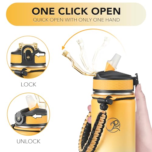 GOSWAG 24oz Insulated Stainless Steel Travel Water Bottle, 2 Lids | with straw and no straw, Paracord handle, Double-wall vacuum keeps drinks cold or hot, Leakproof tumbler - color: Ginger Yellow-Beige Ombré
