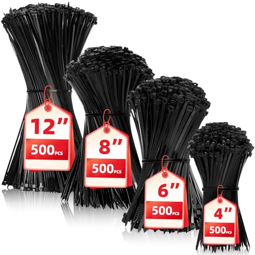 Zip Ties Assorted Sizes(4”+6”+8”+12”), 2000 Pack,Black Cable Ties,Multi-Purpose Self-Locking Nylon Cable Cord Management,Plastic Wire Ties for indoor and outdoor use. - color: Black, size: 4+6+8+12-Inch(2000PCS Set)