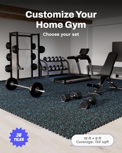 AIRHOP 0.56in Thick 144 Sq Ft Exercise Equipment Mats, 36 Tiles Upgraded Rubber Top with High Density EVA Foam, Large Interlocking Puzzle Gym Flooring for Home Gym, Heavy Weight Workout, 24 x 24in - color: Black/Blue, size: 144 Sq Ft (36 Tiles)