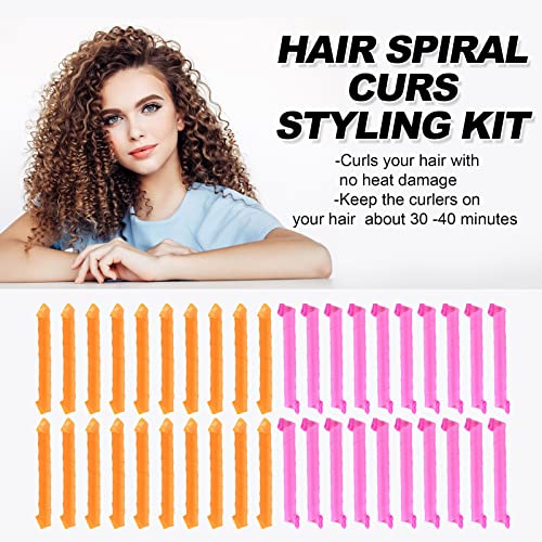 40pcs Heatless Spiral Hair Curlers for Long Hair - Heatless Curls Overnight 22inch Magic Hair Rollers No Heat Curlers for Women Kids - color: Pink&Orange