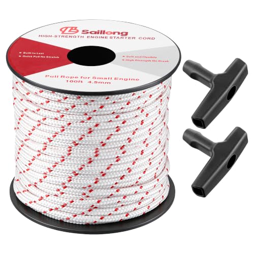 Saillong 4.5mm 100ft Starter Rope, Pull Cord Rope for Small Engine with 2 Starter Handle, Wear Resistant, Low Stretch, Replacement for Lawn Mower Chainsaw Trimmer Edger Brush Cutter(White & Red) - color: White & Red, size: 4.5mm