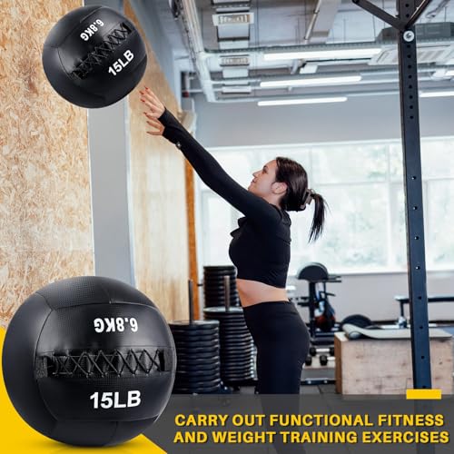Lunmon Soft Wall Medicine Ball for Exercise Fitness Slam Weighted Med Ball with Non Slip Grip for Slamming Workout Strength Conditioning Core Training Lunge and Partner Toss - size: 15 lb