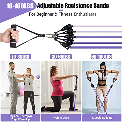 Resistance Bands with Handles for Women, 5 Level Exercise Bands Workout Bands for Physical Therapy, Yoga, Pilates, Door Anchor, Storage Pouch - color: Purple
