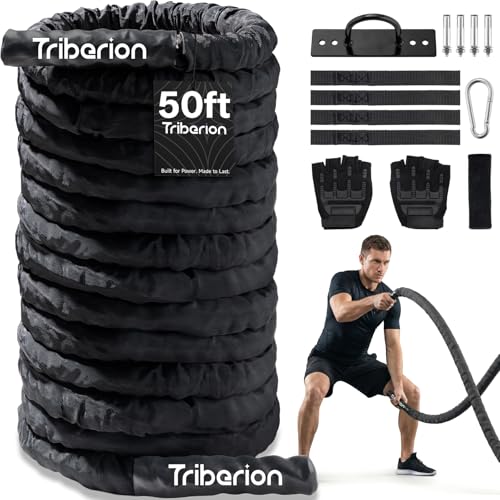 Battle Rope for Home Gym Workout - 1.5 Inch 50ft Heavy Weighted Training Exercise Ropes Fitness Equipment with Sleeve and Anchor Strap Kit for Crossfit Outdoor Working Out - color: Black, size: 1.5 Inch x 50 FT