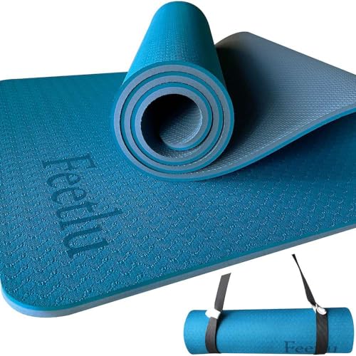 Extra Thick Yoga Mat with Carry Strap, 10mm Non-Slip Exercise Mat, 72 x 24 Inch Cushioned Workout Mat for Yoga, Pilates, Stretching & Floor Exercises - color: Trurkey Blue & Gray